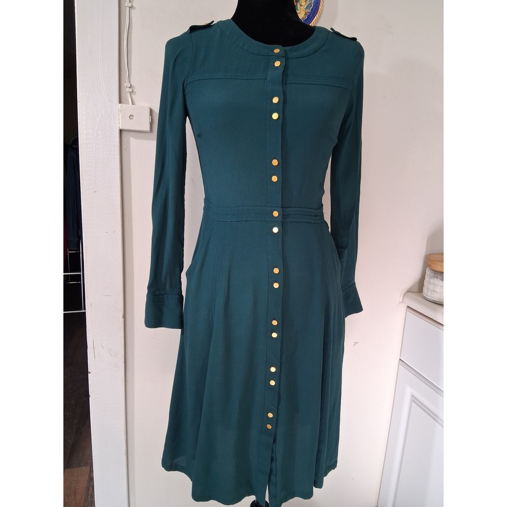 Boden Forest Green Button Down Midi Dress Gold Hardware Epaulettes Womens 2R